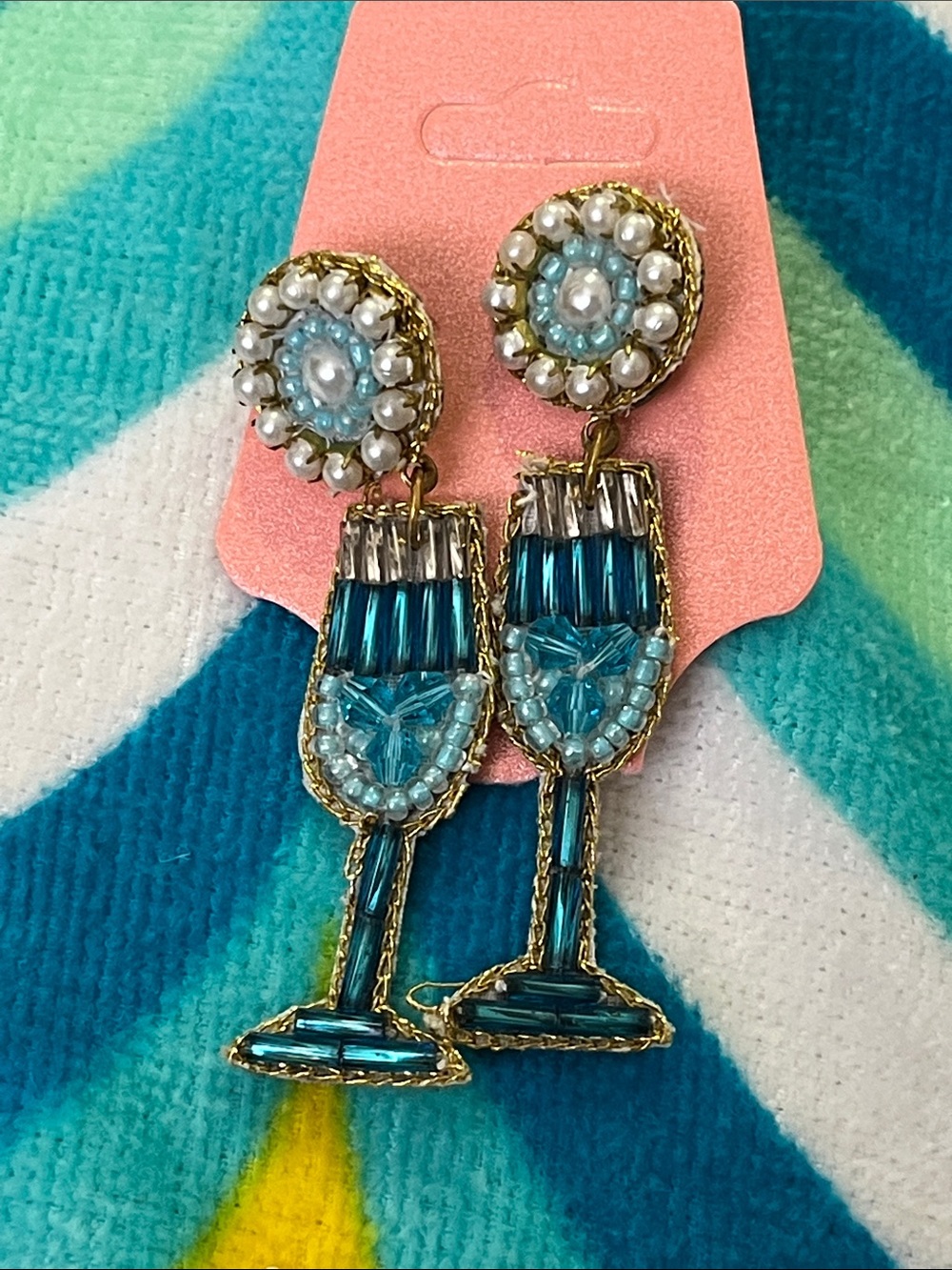 Hand Crafted Teal and White Beaded Champagne Glass Drop Earrings - Picture 1 of 6